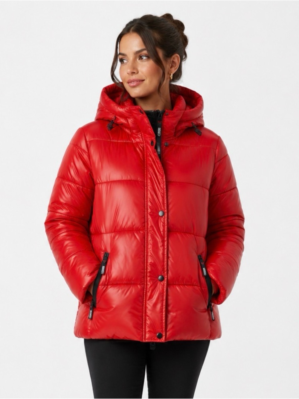Guess Women's Red Quilted Puffer Jacket with Hood